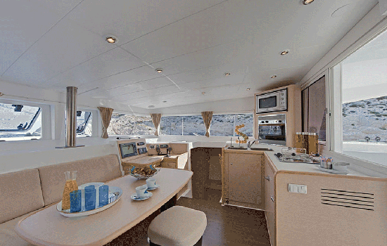 Spacious and elegant salon and galley of the Lagoon 400