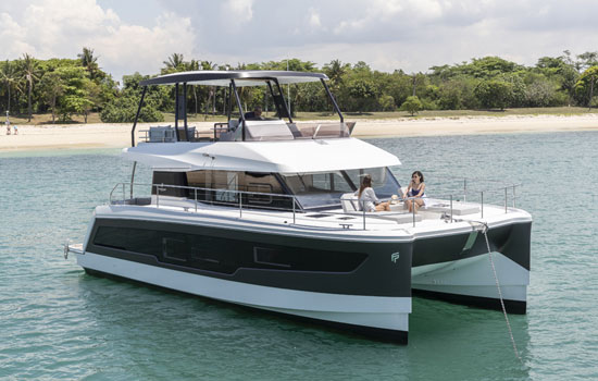 The Fountaine Pajot Motor Yacht 5 at anchor
