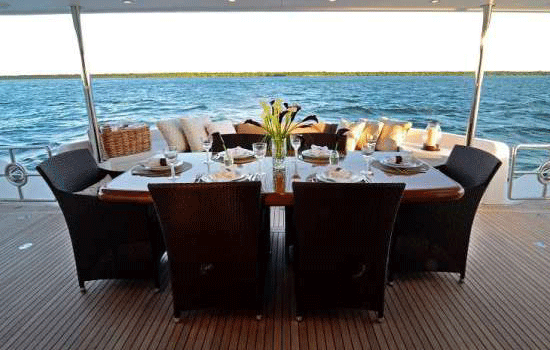 The cockpit of the Horizon 60, with a beautiful teak deck, is spectacularly large.