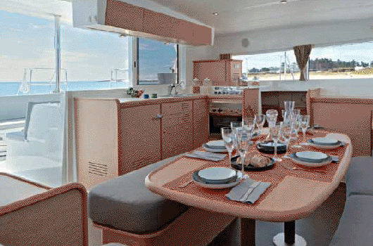 Spacious and elegant salon and galley of the Lagoon 42