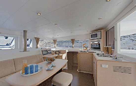 Spacious and elegant salon and galley of the Lagoon 400 s2