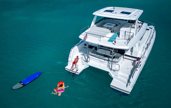 The Leopard 464 Power catamaran at anchor